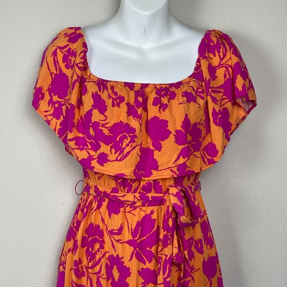 Flying Tomato Boho Maxi Dress M Off‎ Shoulder Belted Orange Pink Floral - Picture 2 of 6
